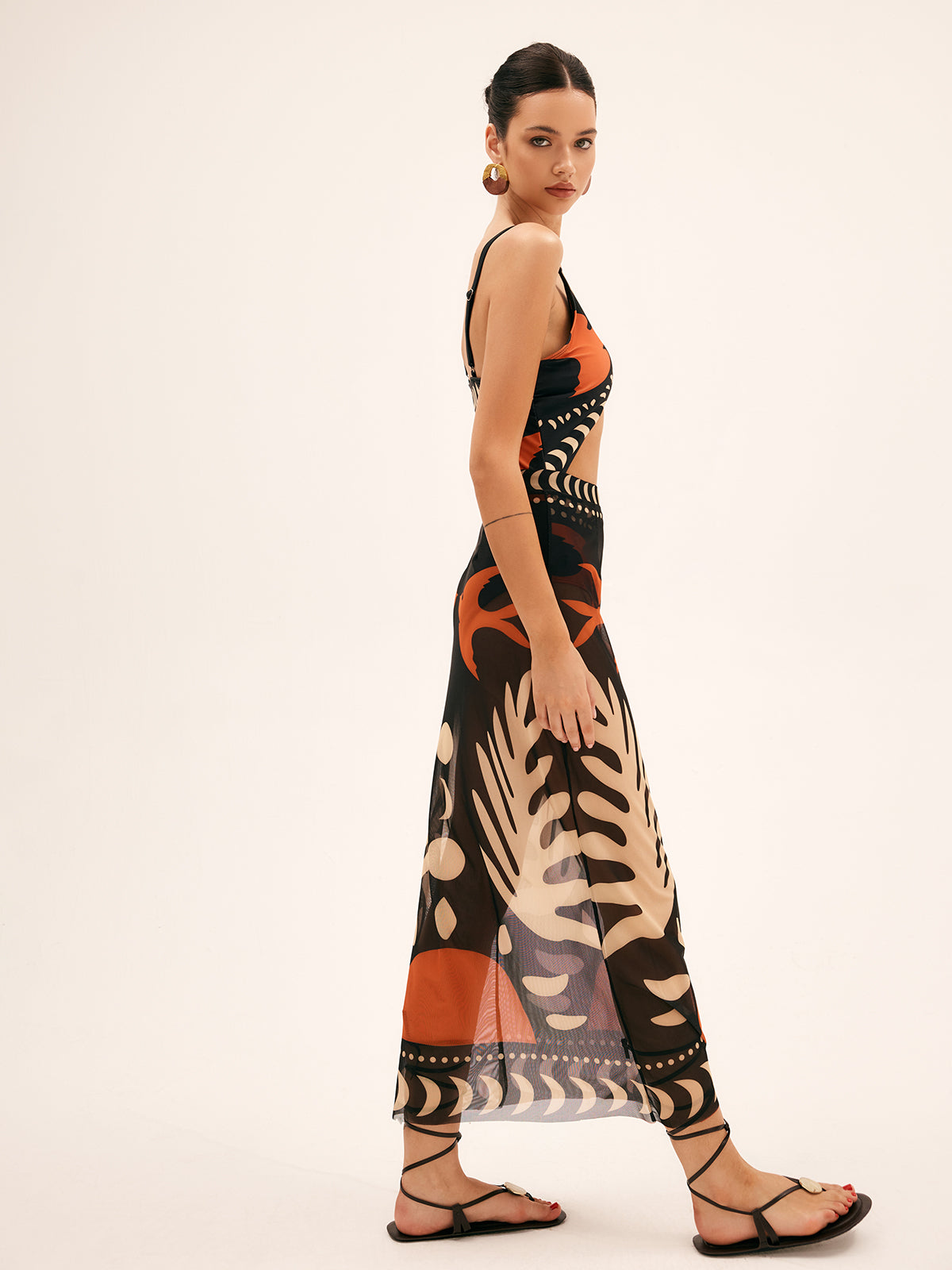 Bird Print Mesh Cover Up Maxi Skirt