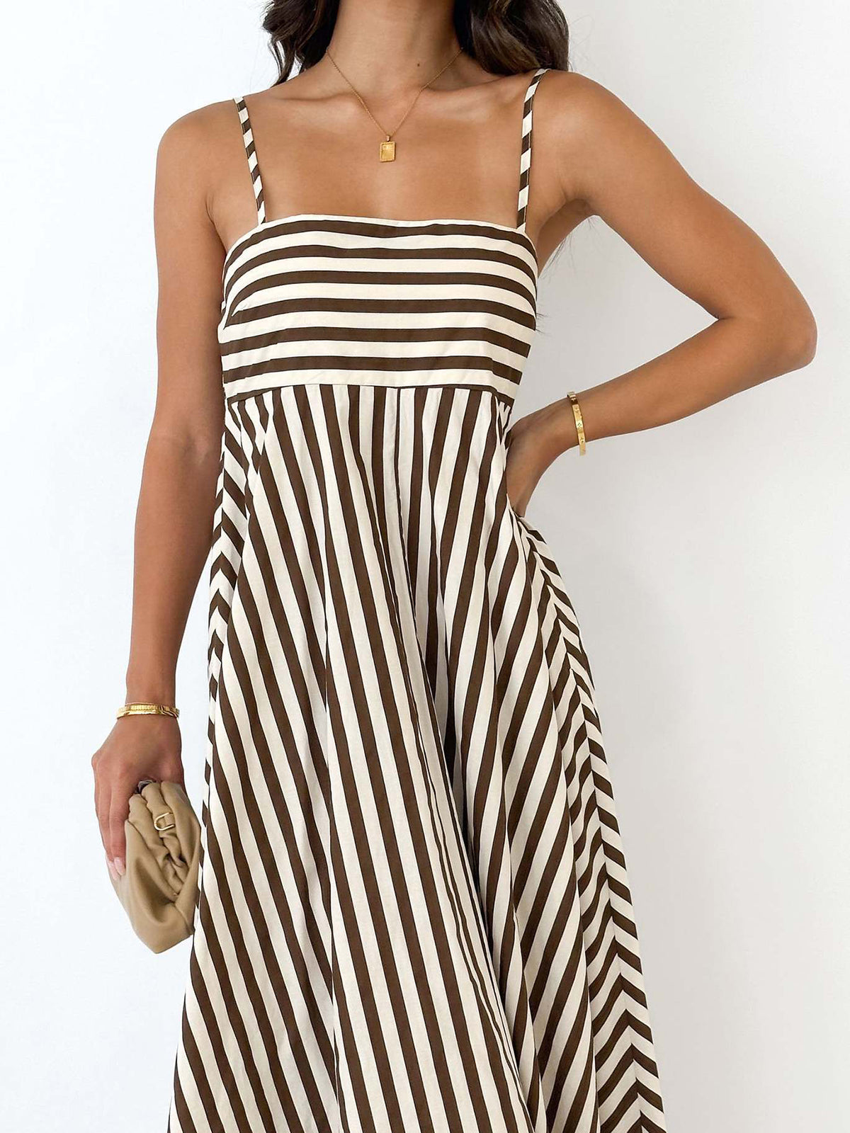 Striped Pleated Cami Long Dress