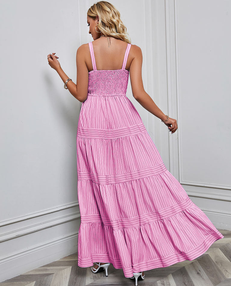 Pinstripe Shirred Backless Long Cami Dress